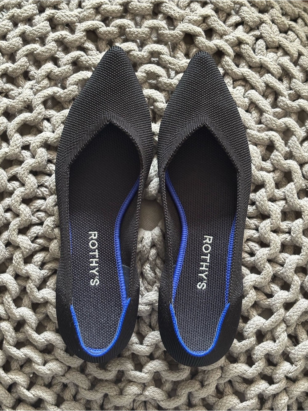 Rothy's Black Pointed Knit Flats with Blue Trim - Women's